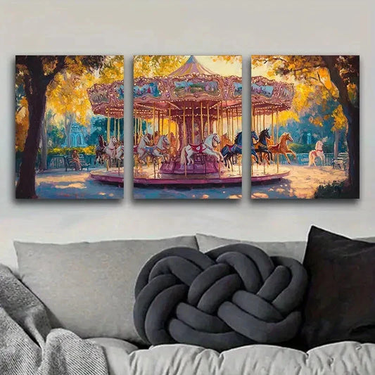 3pcs ink Carousel Design Classic Style Metal Print Ready to Hang Art