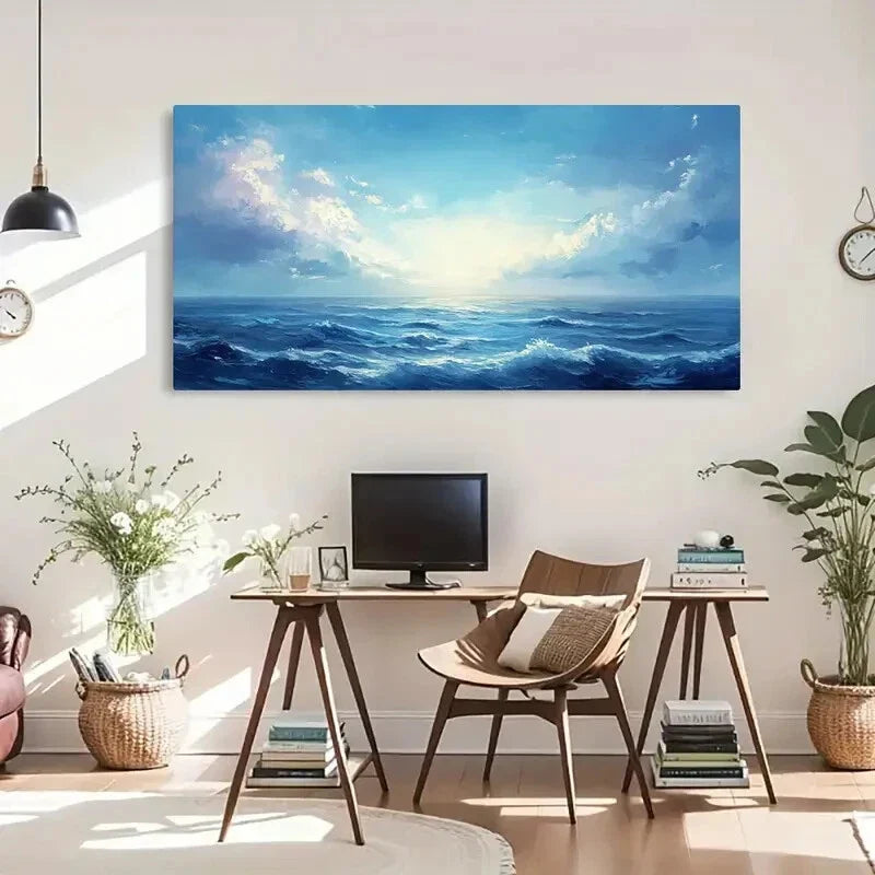 Ocean Waves Blue Sea Modern Wall Art Canvas Office Home Room Framed 120x60cm