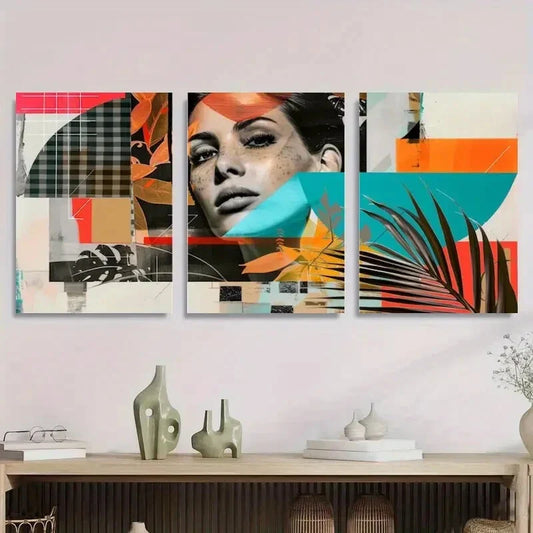 3pcs Geometric Shapes with Floral Elements Metal Print Ready to Hang Art