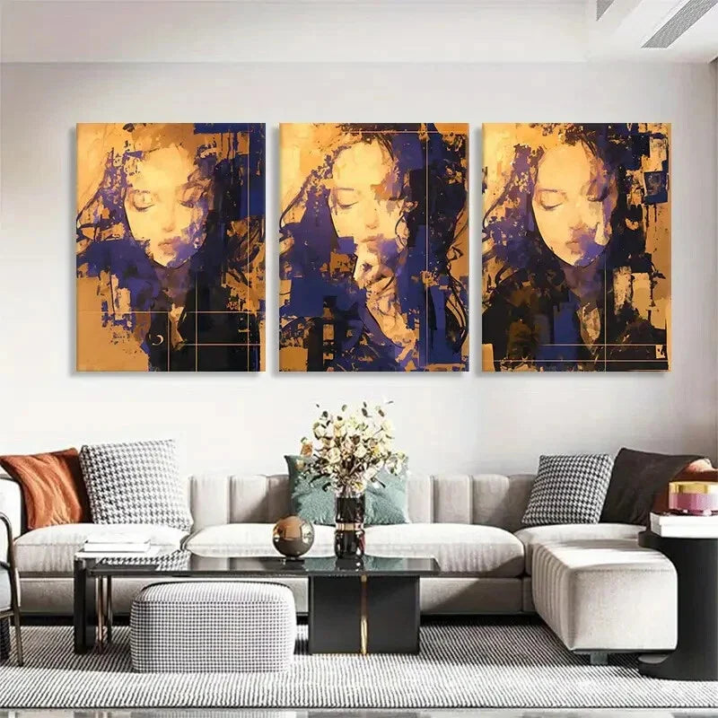 3pcs Human Face in Bold Orange & Blue Perfect Wall Art Set Canvas Framed 40x60cm - High Quality Print 100% Australian Made Wall Canvas Ready to Hang