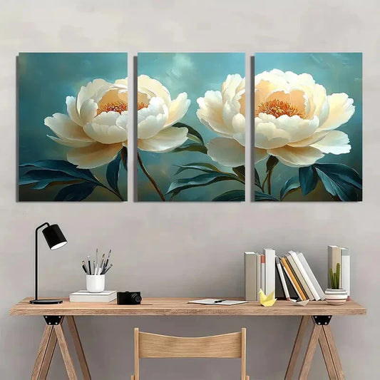 3pcs Elegant White Peony Light & Natural Metal Print Ready to Hang Art