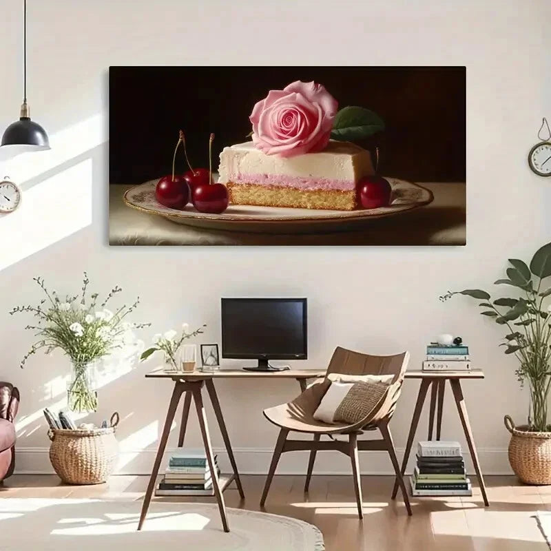 Rose & Cake Vintage Dessert Wall Art Canvas Office Home Room Framed 120x60cm