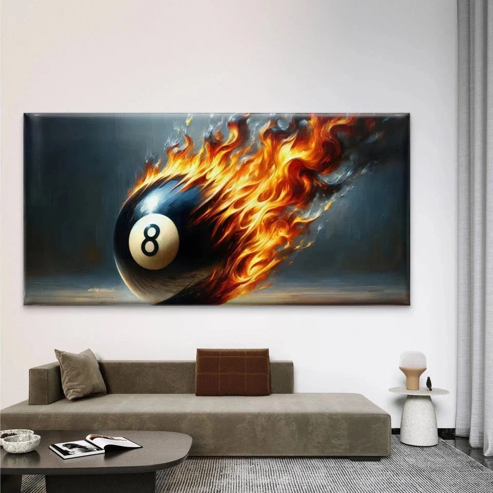 Flaming Eight Billiard Ball Wall Art Canvas Office Home Room Framed 80x45cm