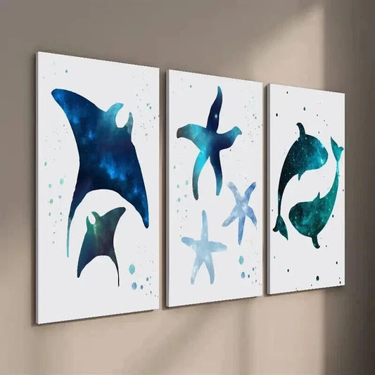 3pcs Manta Ray Nebula Starfish Whale Starry Sky Wall Art Set Canvas Framed 40x60cm - High Quality Print 100% Australian Made Wall Canvas Ready to Hang