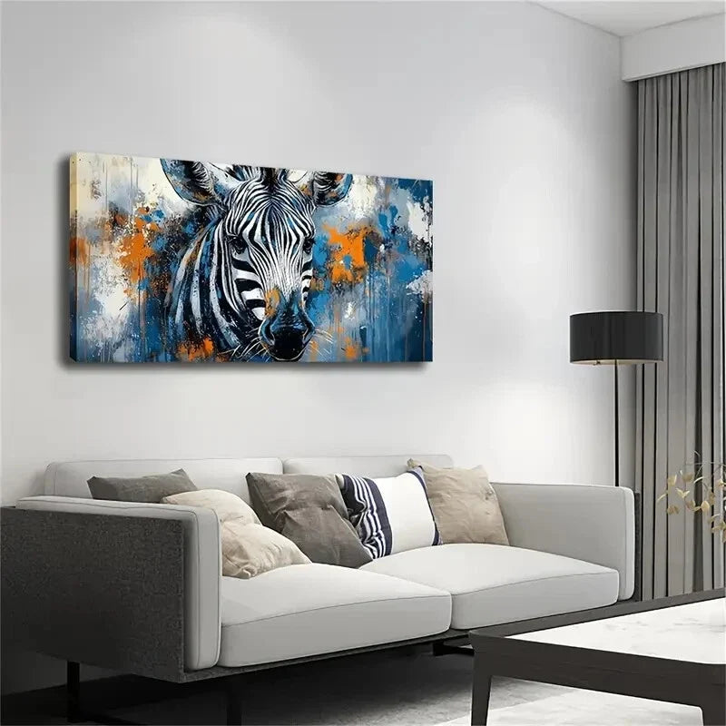 Blue And Orange Zebras Abstract Wall Art Canvas Office Home Room Framed 80x45cm