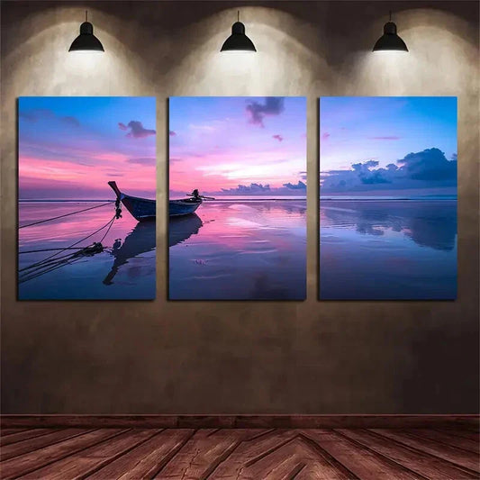 3pcs Fishing Boats Tied To The Shore Metal Print Ready to Hang Art