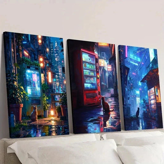 3pcs Cat Sitting Next to a Vending Machine Wall Art Set Canvas Framed 40x60cm - High Quality Print 100% Australian Made Wall Canvas Ready to Hang