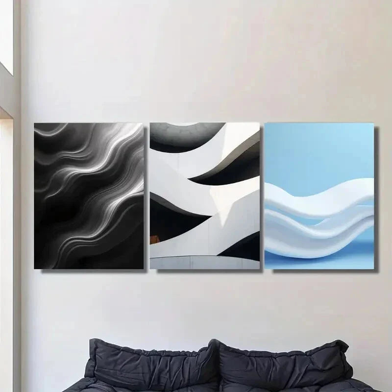 3pcs Black & White Geometric Modern Abstract Metal Print Ready to Hang Art