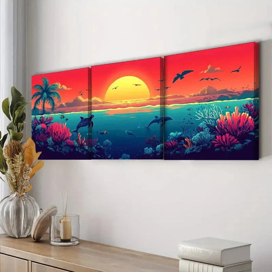3pcs Sunset Over the Ocean Sun Shine Perfect Wall Art Set Canvas Framed 40x60cm - High Quality Print 100% Australian Made Wall Canvas Ready to Hang