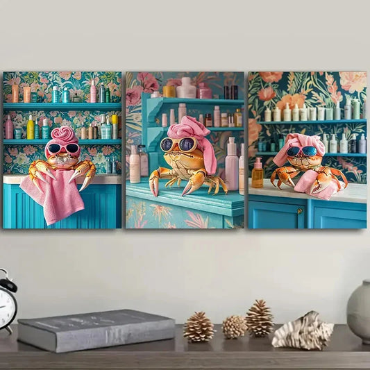 3pcs Whimsical Crab Design Tropical Vibes Wall Art Set Canvas Framed 40x60cm - High Quality Print 100% Australian Made Wall Canvas Ready to Hang