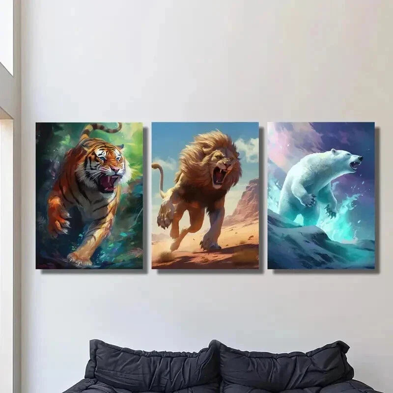 3pcs Ferocious Tiger Lion and Polar Bear Wall Art Set Canvas Framed 40x60cm - High Quality Print 100% Australian Made Wall Canvas Ready to Hang