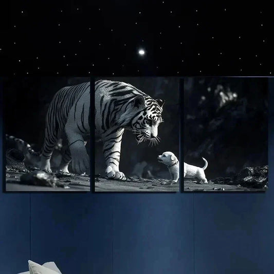 3pcs Black & White Tiger Puppy Decor Wall Art Set Canvas Framed 40x60cm - High Quality Print 100% Australian Made Wall Canvas Ready to Hang
