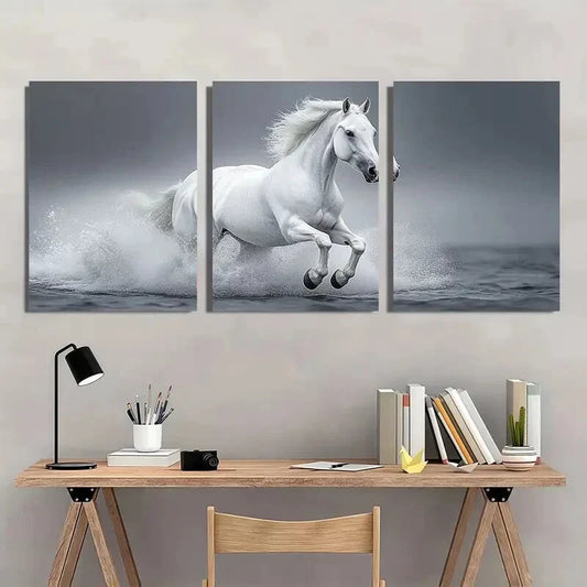 3pcs Dynamic White Horse Animal Themed Metal Print Ready to Hang Art
