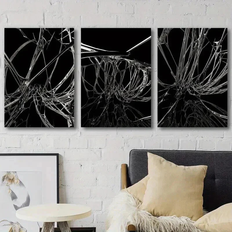 3pcs Black & White Abstract Quantum Entanglement Wall Art Set Canvas Framed 40x60cm - High Quality Print 100% Australian Made Wall Canvas Ready to Hang