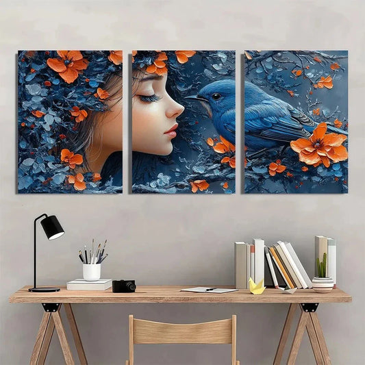 3pcs Antler Girl with Bluebird Vibrant Floral Metal Print Ready to Hang Art