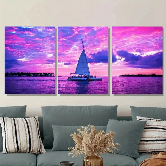3pcs Sunset Sailboat Bright Pink & Purple Sky Wall Art Set Canvas Framed 40x60cm - High Quality Print 100% Australian Made Wall Canvas Ready to Hang