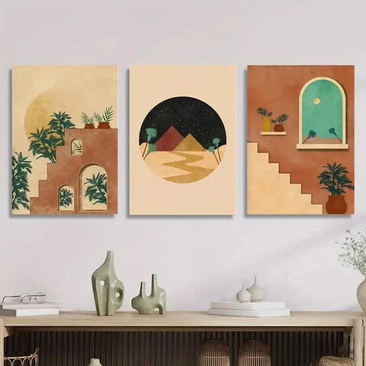 3pcs Abstract Cityscape, Moroccan Burnt Orange, Metal Print Ready to Hang Art