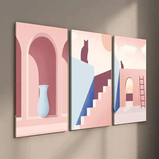 3pcs Greek Vase Mural & Cat Abstract Silhouette Wall Art Set Canvas Framed 40x60cm - High Quality Print 100% Australian Made Wall Canvas Ready to Hang