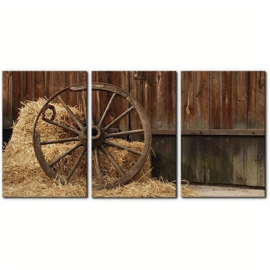 3pcs Retro Old Antique Wheel Painting Metal Print Ready to Hang Art