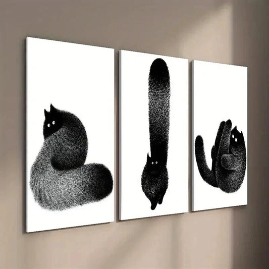 3pcs Black & White Feline Fluffy Black Cat Decor Wall Art Set Canvas Framed 40x60cm - High Quality Print 100% Australian Made Wall Canvas Ready to Hang