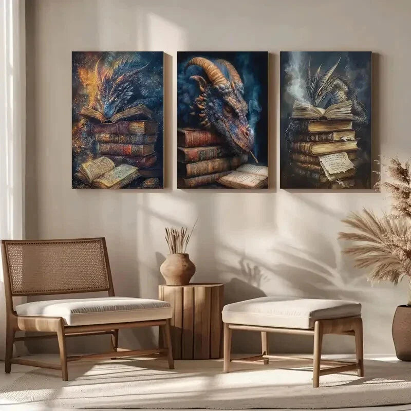 3pcs Fantasy Dragon Creature Reading Nook Metal Print Ready to Hang Art