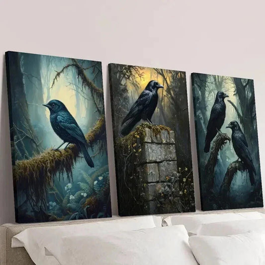 3pcs Gothic Forest Triptych with Crow Wall Art Set Canvas Framed 40x60cm - High Quality Print 100% Australian Made Wall Canvas Ready to Hang