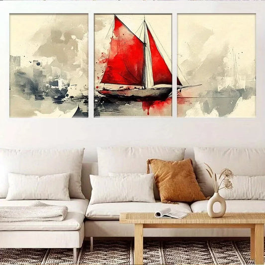 3pcs Modern Vertical Abstract Sailing Ship Wall Art Set Canvas Framed 40x60cm - High Quality Print 100% Australian Made Wall Canvas Ready to Hang