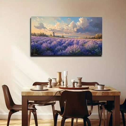 Serene Lavender Field Wind Wall Art Canvas Office Home Room Framed 80x45cm