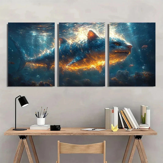 3pcs Whimsical Cat Shark Ocean Adventure Metal Print Ready to Hang Art