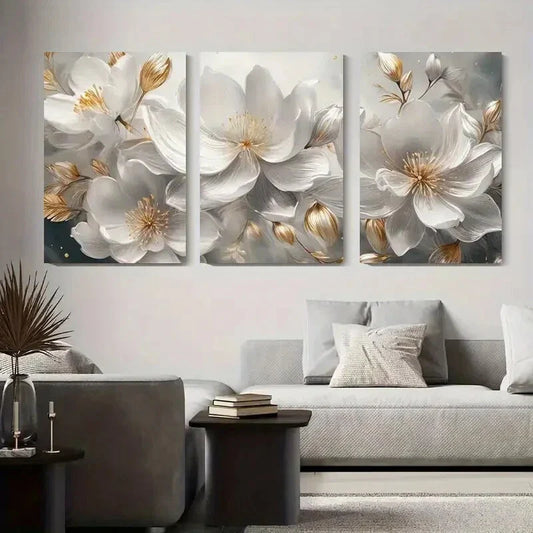 3pcs Elegant White Flowers Golden Accents Metal Print Ready to Hang Art
