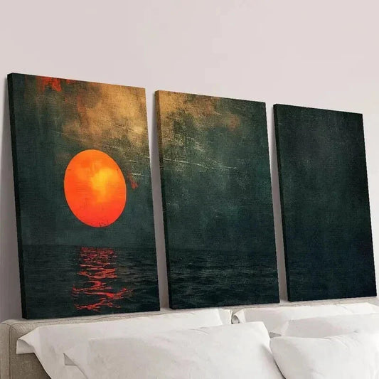 3pcs Red Sun over Emerald Green Sea Wall Art Set Canvas Framed 40x60cm - High Quality Print 100% Australian Made Wall Canvas Ready to Hang