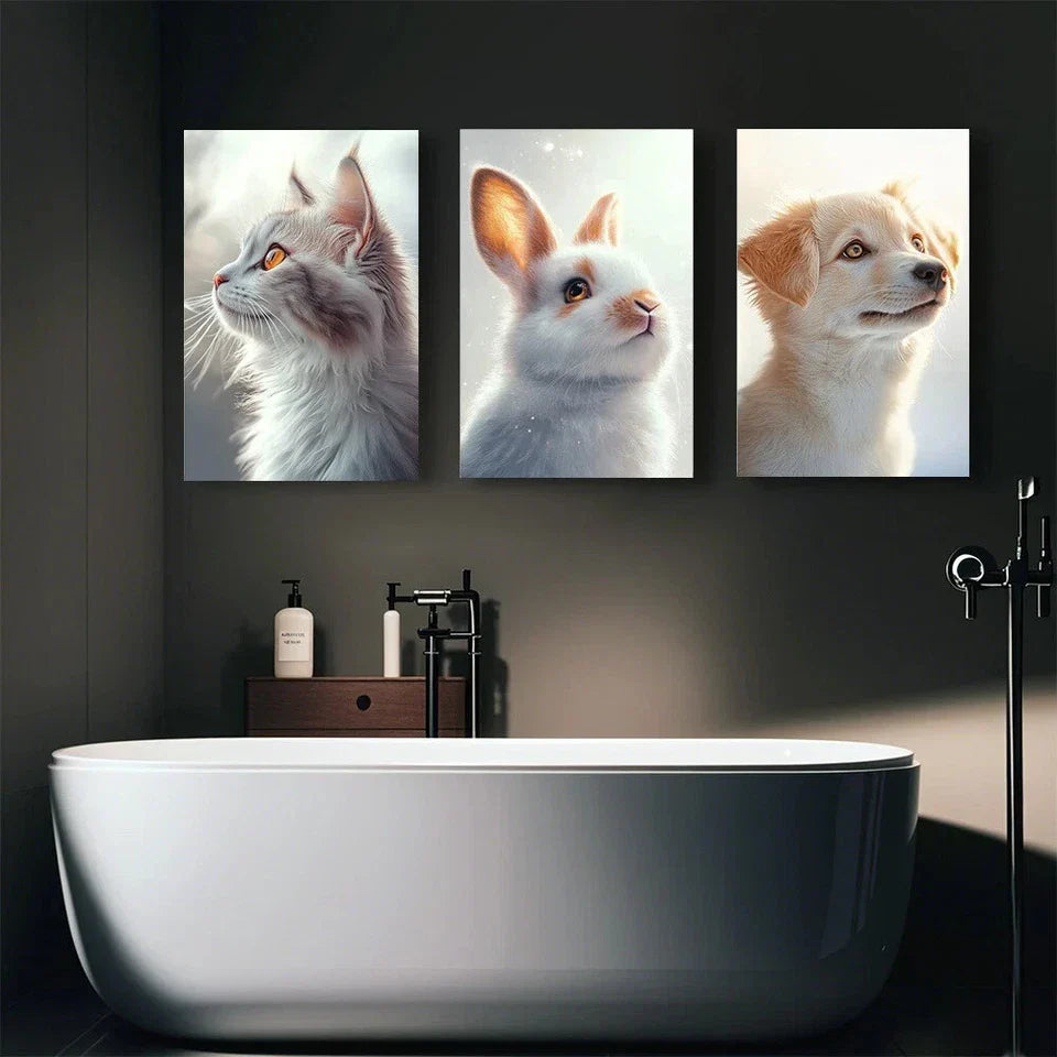 3pcs Cute Animal Charming Little Creature Heads Up Metal Print Ready to Hang Art