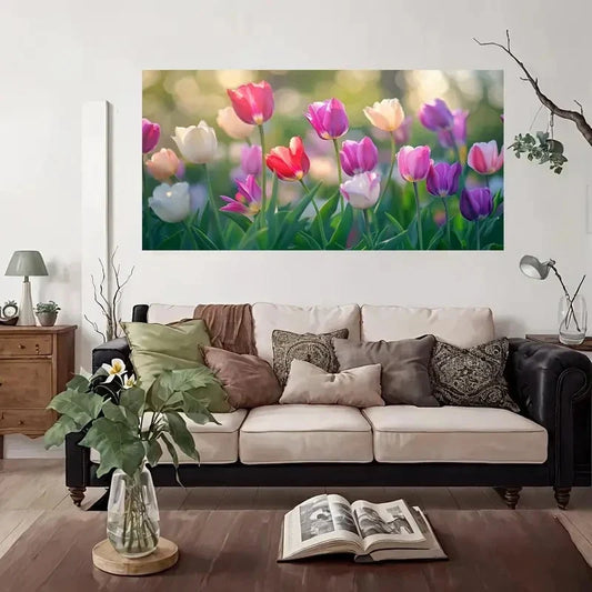 Tulip Garden Vintage Floral Wall Art Canvas Office Home Room Framed 80x45cm