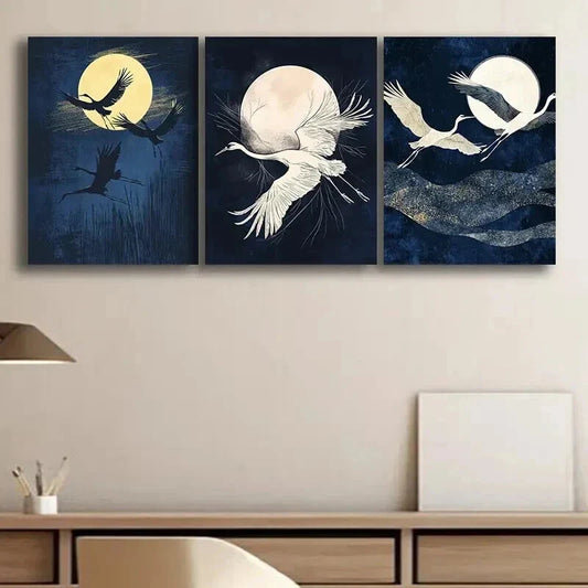 3pcs Cranes Fly Under the Moon Nature Perfect Wall Art Set Canvas Framed 40x60cm - High Quality Print 100% Australian Made Wall Canvas Ready to Hang