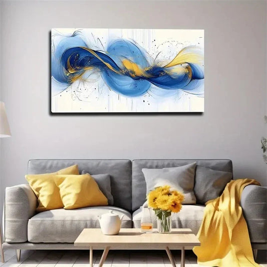 Blue & Yellow Interwoven Lines Wall Art Canvas Office Home Room Framed 120x60cm