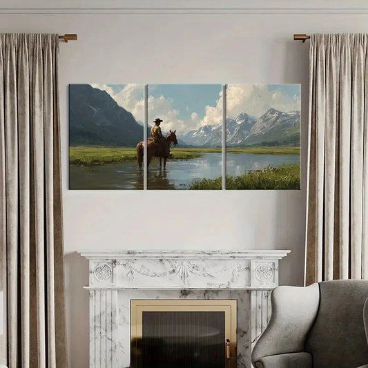 3pcs Western Cowboy Riding Horse Mountain LandscapeMetal Print Ready to Hang Art