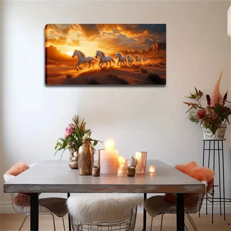 Realistic Sunset Horses Wall Art canvas office home room framed 120x60cm