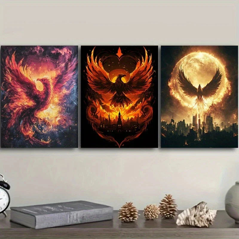 3pcs Fire Phoenix Theme Luxurious Cloth Metal Print Ready to Hang Art