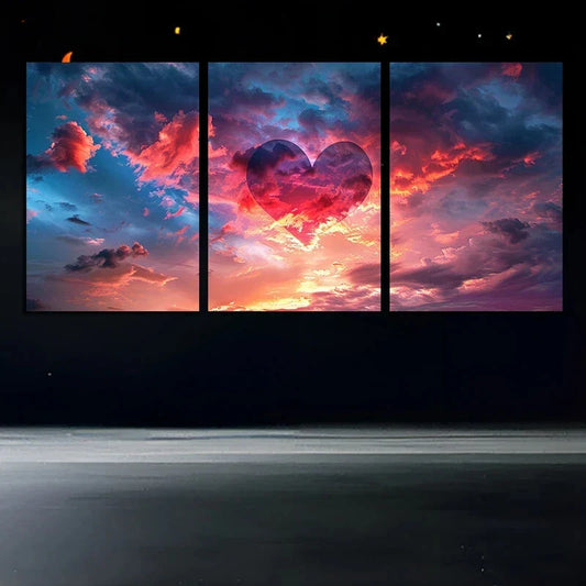 3pcs Heart-Shaped Cloud Romantic Sunset Sky Metal Print Ready to Hang Art