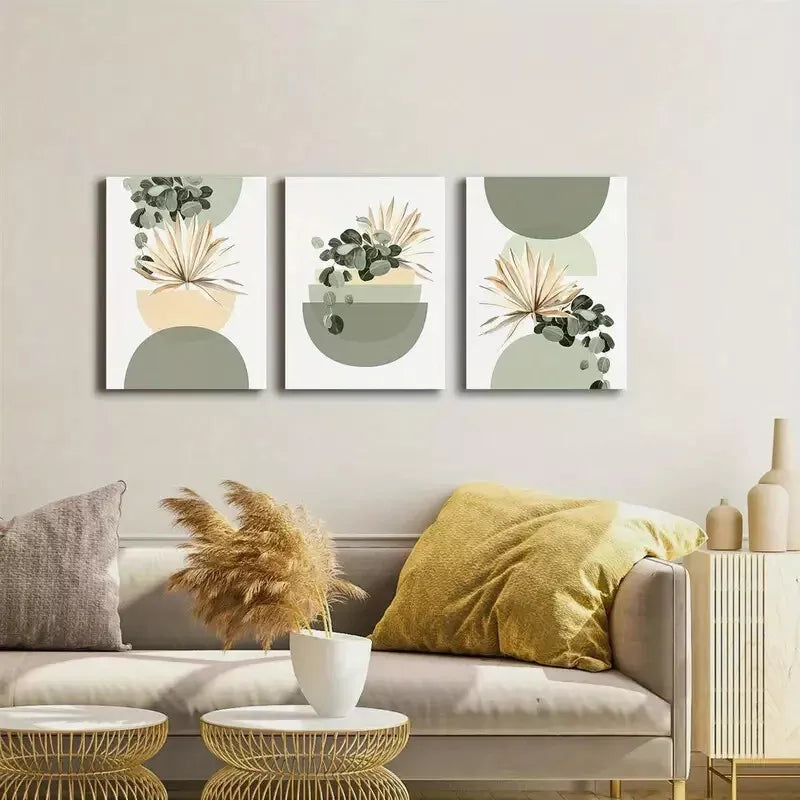 3pcs Modern Abstract Boho-Chic Sage Green Plant Wall Art Set Canvas Framed 40x60cm - High Quality Print 100% Australian Made Wall Canvas Ready to Hang