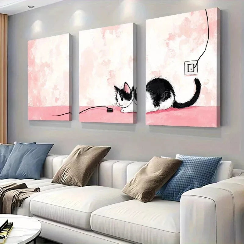 3pcs Playful Kitten & Electric Cord Modern Wall Art Set Canvas Framed 40x60cm - High Quality Print 100% Australian Made Wall Canvas Ready to Hang