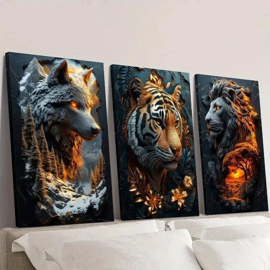 3pcs Majestic Tigers Wolves & Lions in Forest Wall Art Set Canvas Framed 40x60cm - High Quality Print 100% Australian Made Wall Canvas Ready to Hang