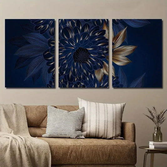 3pcs Abstract Blue And Golden Plant Flowers Metal Print Ready to Hang Art