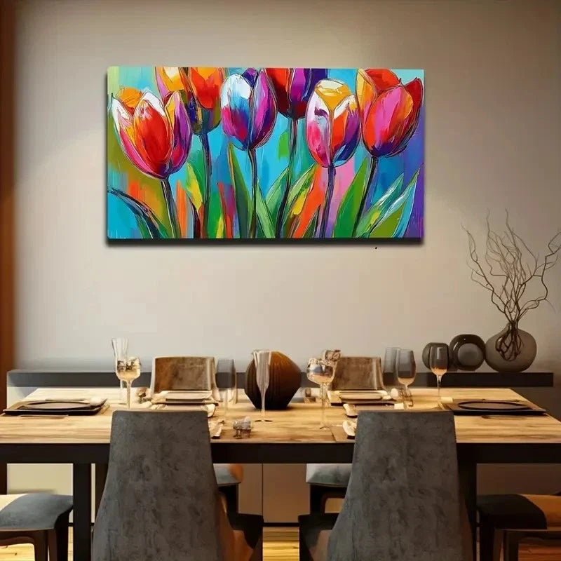 Expressive Brushstrokes Tulips Wall Art Canvas Office Home Room Framed 120x60cm