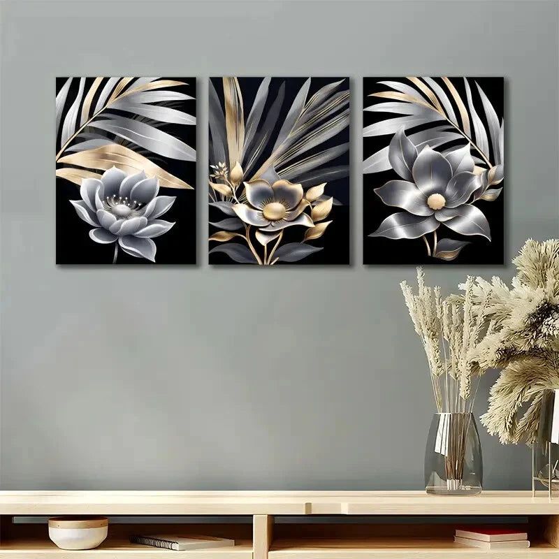 3pcs Golden Black Modern Trendy Golden Metal Print Ready to Hang Art