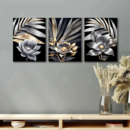 3pcs Golden Black Modern Trendy Golden Metal Print Ready to Hang Art