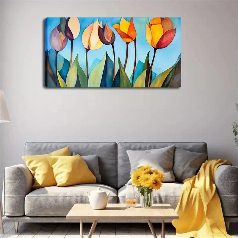 Colorful Floral Modern Tulip Wall Art Canvas Office Home Room Framed 80x45cm