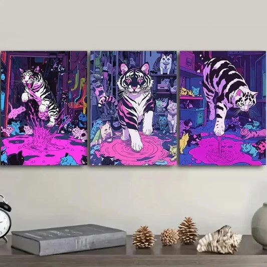 3pcs Featuring a Black And White Tiger Adorned Wall Art Set Canvas Framed 40x60cm - High Quality Print 100% Australian Made Wall Canvas Ready to Hang