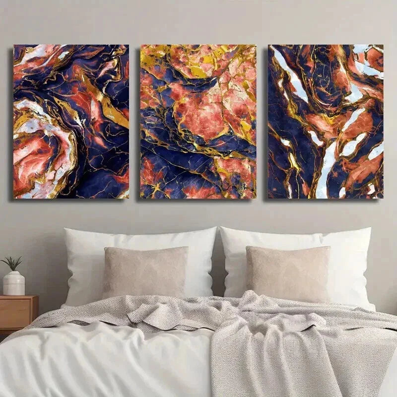 3pcs Modern Luxury Abstract Blue & Red Marble Wall Art Set Canvas Framed 40x60cm - High Quality Print 100% Australian Made Wall Canvas Ready to Hang