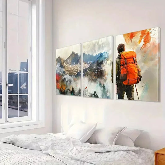 3pcs Mountain And Hiker & Snow-Capped Peaks Wall Art Set Canvas Framed 40x60cm - High Quality Print 100% Australian Made Wall Canvas Ready to Hang